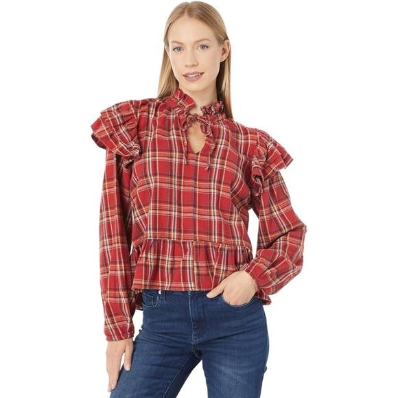 Blank NYC Ruffle Plaid Print Keyhole Shirt - Picture 1 of 8